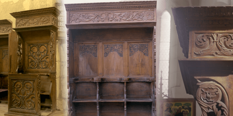 The pews in the fortified church in Prejmer in Transylvania