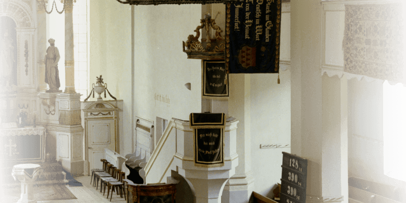 The pulpit in the fortified church in Sanpetru in Transylvania