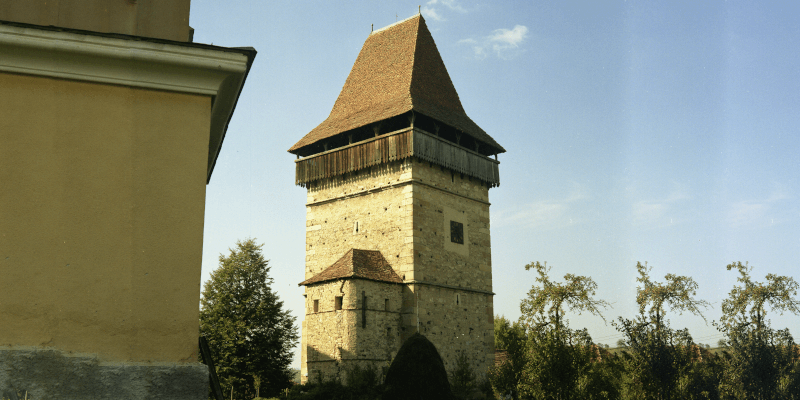 The tower of the defensive wall at the church in Dumitra in Transylvania
