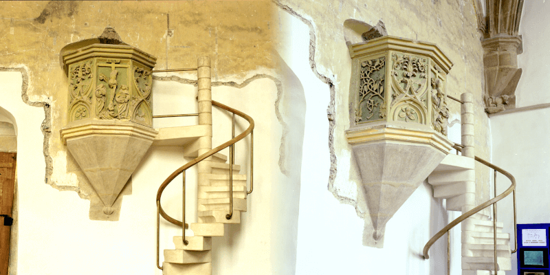 The pulpit in the fortified church in Tarpiu in Transylvania