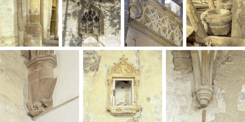 A collage with various details of the fortified church of Tarpiu in Transylvania