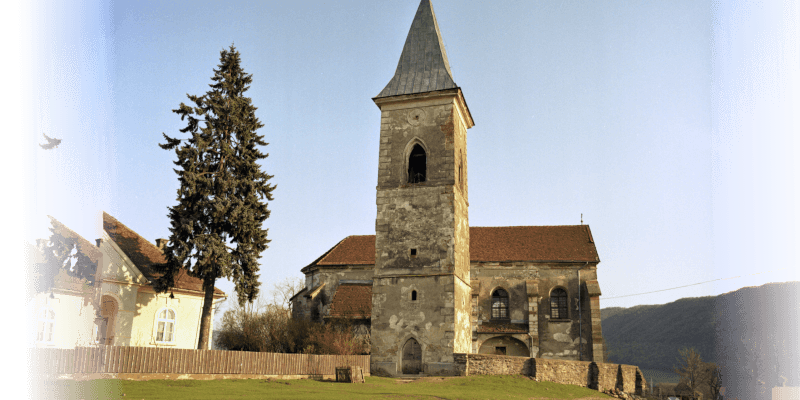 The bell tower of the fortified church in Crainimat in Transylvania