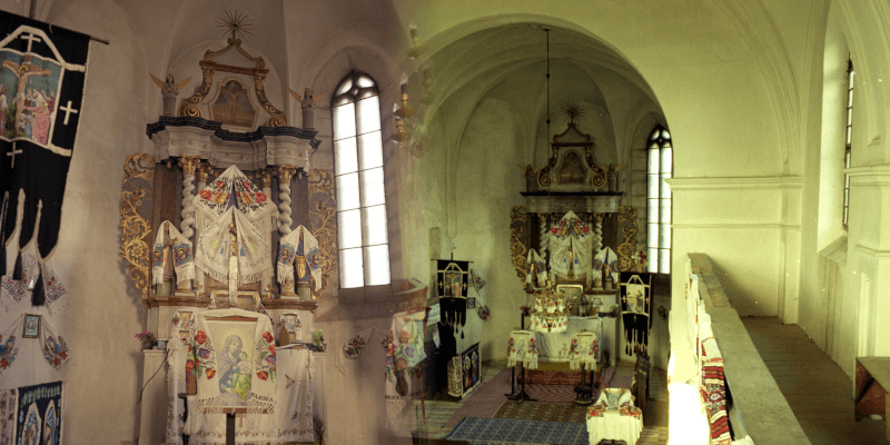 The altar in the fortified church in Crainimat in Transylvania
