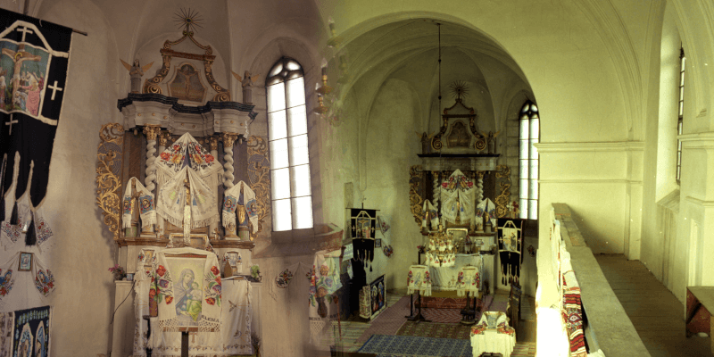 Der Altar in der Kirchenburg in Crainimat/Baiersdorf in Siebenbürgen