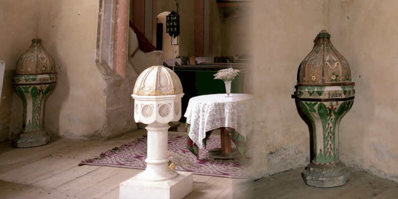 Baptismal fonts of the fortified church of Lechnita in Transylvania