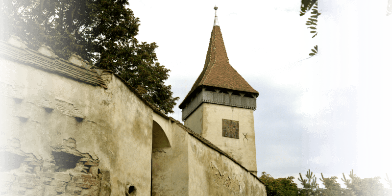 The bell tower of the fortified church in Lechita in Transylvania