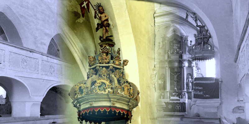 The pulpit of the evangelical church of Teaca in Transylvania