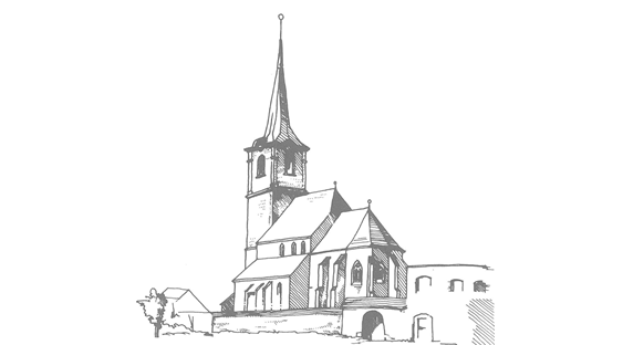 Historical drawing of the evangelic church in Teaca in Transylvania